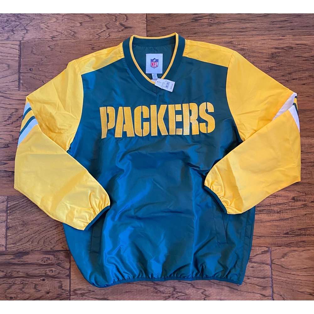 NFL Green Bay Packers V-Neck Windbreaker Pullover Jacket Green Yellow Mens L NEW